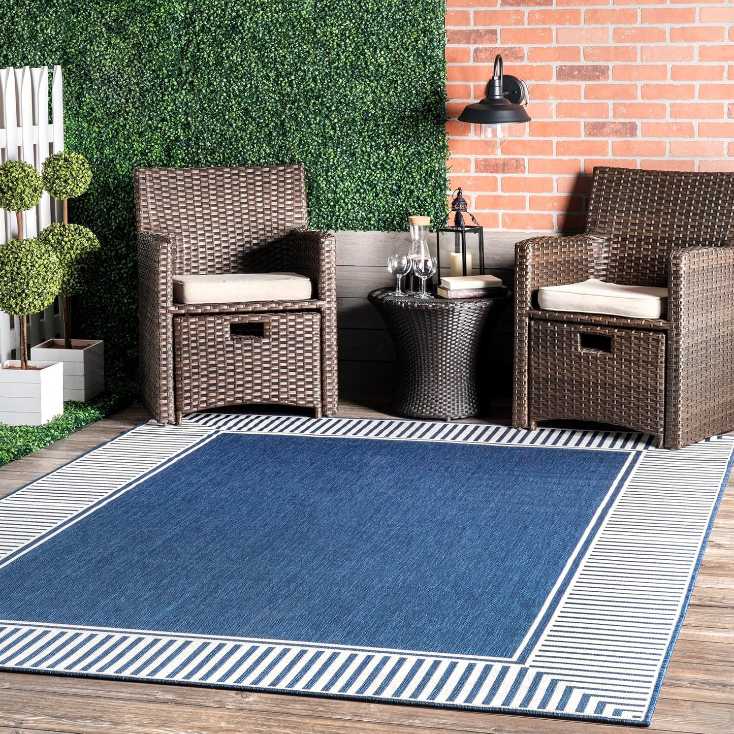 nuLOOM 10' x 12' Outdoor Area Rug, Casual Design With Striped Border, Stain Resistant, Highly Durable, For Patio, Balcony, Bedroom, Living Room, Dining Room, Bathroom, Navy