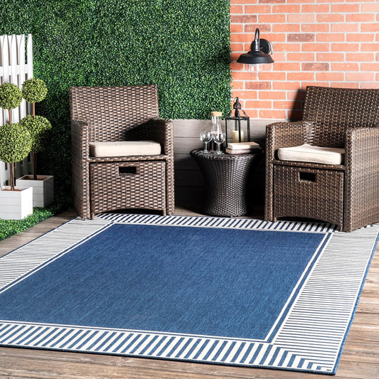 nuLOOM 10' x 12' Outdoor Area Rug, Casual Design With Striped Border, Stain Resistant, Highly Durable, For Patio, Balcony, Bedroom, Living Room, Dining Room, Bathroom, Navy