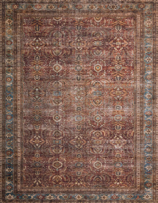 Loloi Layla Collection LAY-01 Brick/Blue 2'-6" x 12'-0" .13" Thick Runner Rug, Soft, Durable, Vintage Inspired, Distressed, Low Pile, Non-Shedding, Easy Clean, Printed, Living Room Rug