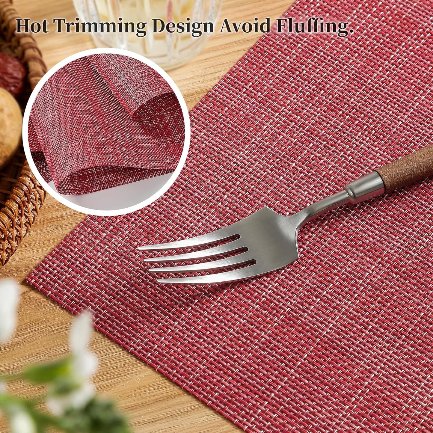 Leetaltree Red Placemats Set of 4 - Heat Resistant Non-Slip Place mats for Dining Table, Washable Durable PVC Vinyl Woven Table Mats（Red, 4）