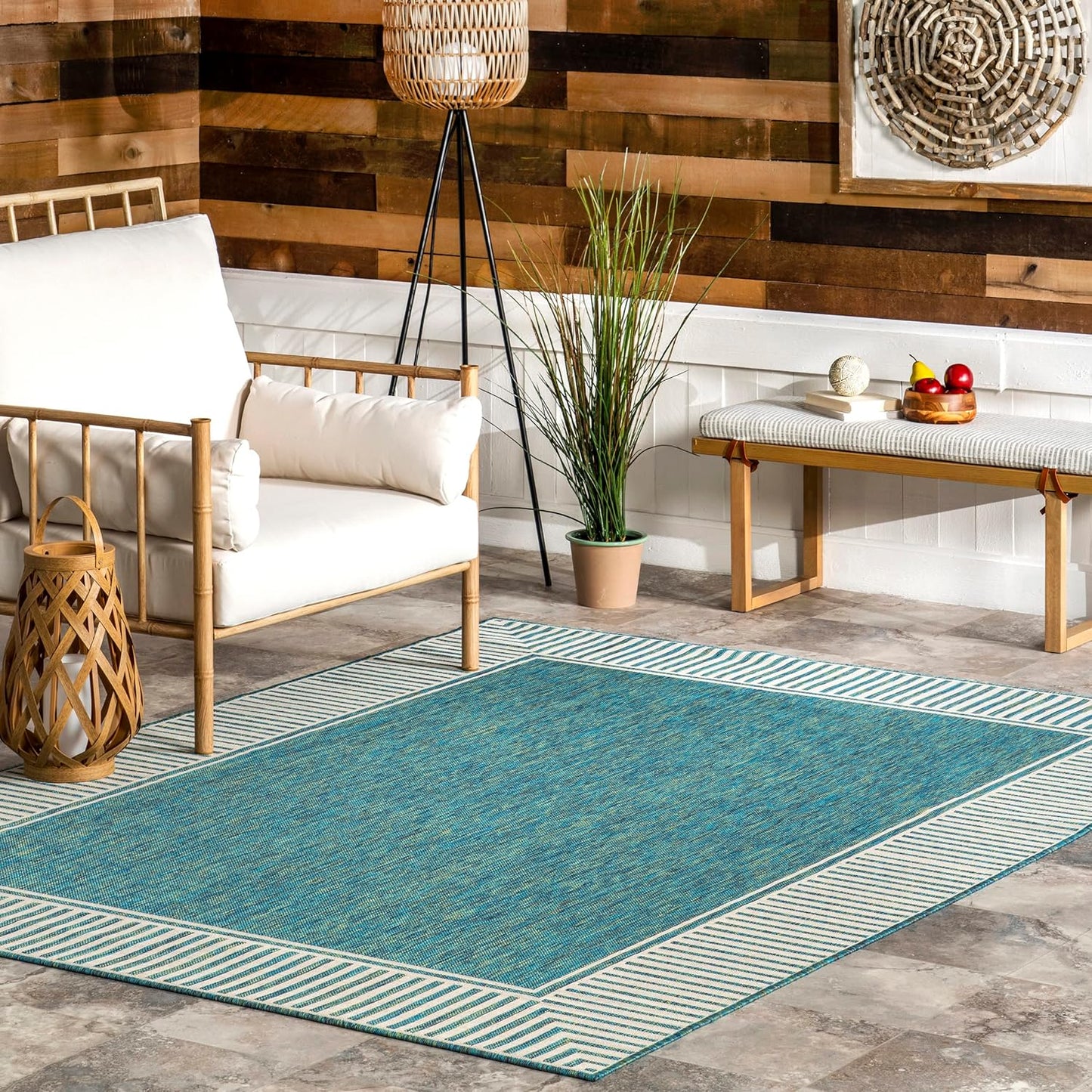 nuLOOM 4' x 6' Outdoor Area Rug, Casual Design With Striped Border, Stain Resistant, Highly Durable, For Patio, Balcony, Bedroom, Living Room, Dining Room, Bathroom, Teal