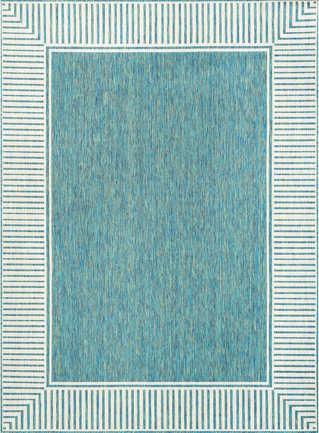 nuLOOM 9'6" x 12' Outdoor Area Rug, Casual Design With Striped Border, Stain Resistant, Highly Durable, For Patio, Balcony, Bedroom, Living Room, Dining Room, Bathroom, Teal