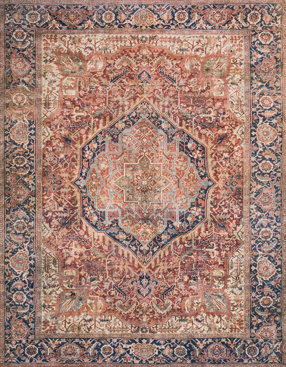 Loloi Layla Collection LAY-08 Red/Navy 2'-0" x 5'-0" .13" Thick Accent Rug, Soft, Durable, Vintage Inspired, Distressed, Low Pile, Non-Shedding, Easy Clean, Printed, Living Room Rug
