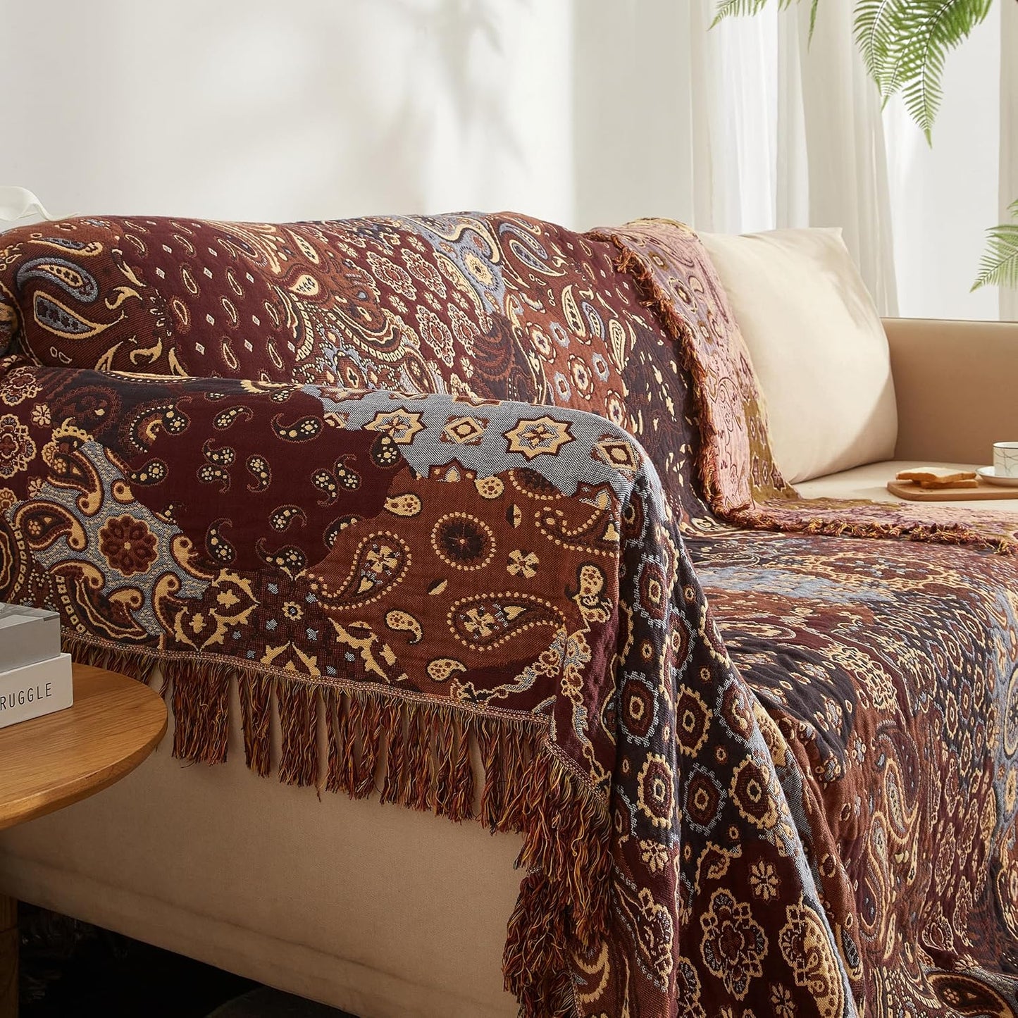 Boho Throw Blanket for Bed 80”x90”, 100% Cotton Woven Blanket for Couch Sofa, Ultra Soft 4-Layer Muslin Quilt with Patchwork Floral Printed, Farmhouse Bed Blanket/Cover for Living Room Decor