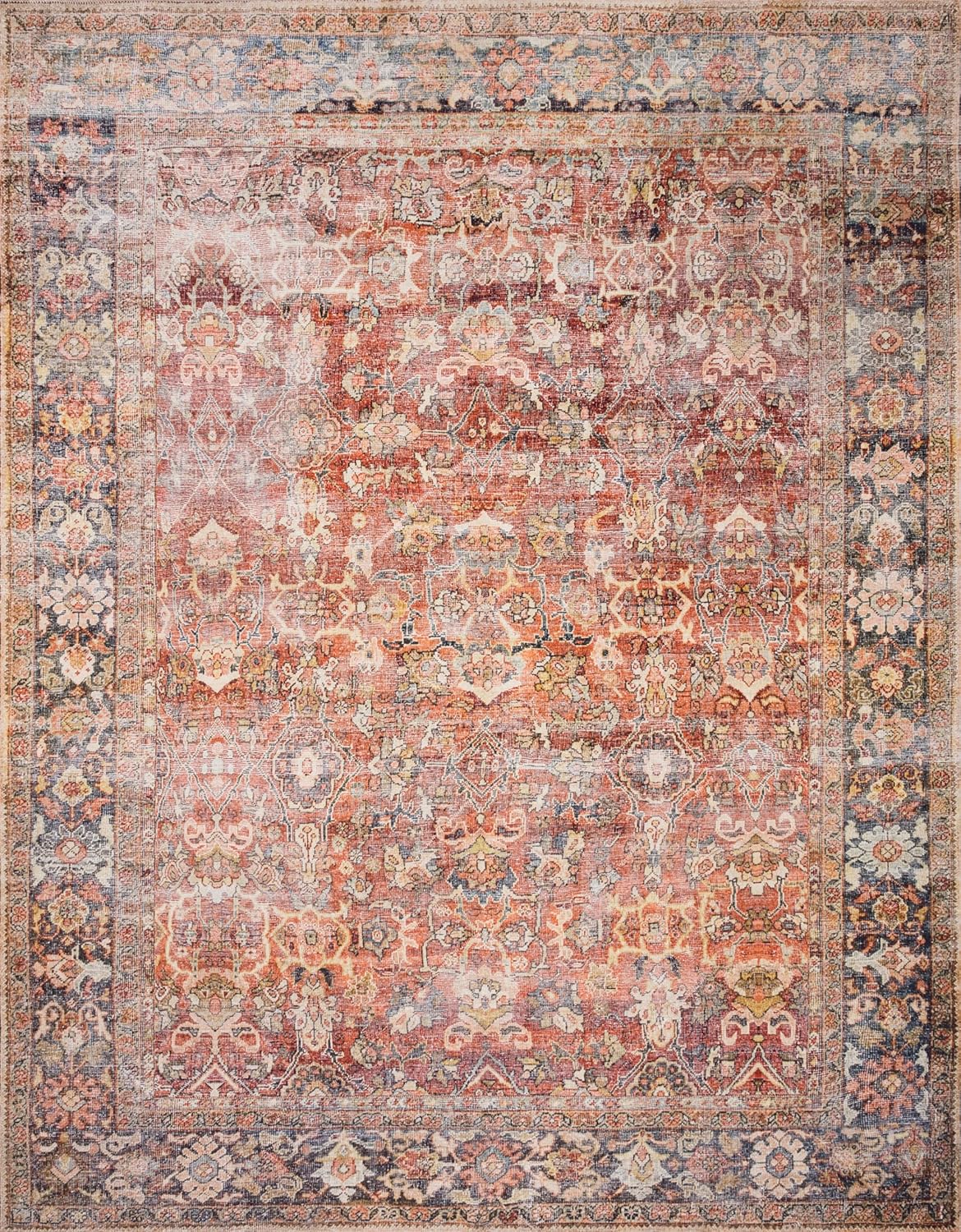 Loloi Layla Collection LAY-02 Spice/Marine 2'-3" x 3'-9" .13" Thick Accent Rug, Soft, Durable, Vintage Inspired, Distressed, Low Pile, Non-Shedding, Easy Clean, Printed, Living Room Rug